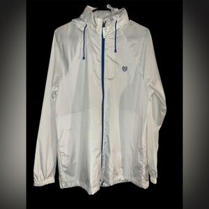 Chaps Sport White Hooded Windbreaker Jacket - Blue Trim - Men’s Medium